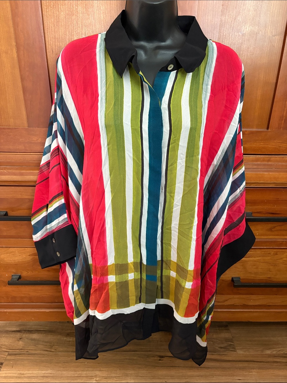 St. John silk Striped Button-Down Shirt with Black Collar